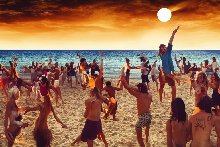 Prompt: animals and humans dancing at a party at the beach, drinking, food, bar, music, resort, praising the sun, golden hour, cinematic, atmospheric, 8k resolution, Hyperrealistic