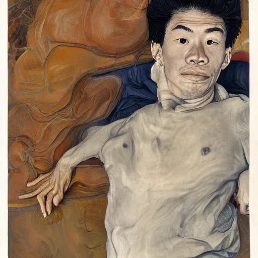 Prompt: detailed portrait of a modern, young confident asian american young man, by lucian freud, francis bacon, john chamberlain, willem de kooning, andreas franke, jean giraud, rob gonsalves, james gurney, james jean, ruan jia, gustav klimt