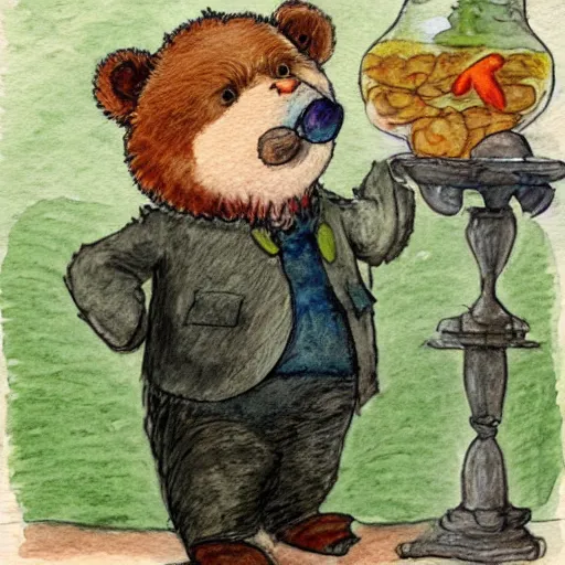 Prompt: a grumpy human man wearing a bear costume, holding a goldfish bowl. watercolour with pencil, in the style of beatrix potter.