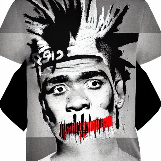 Image similar to t - shirt mockup, 3 d, hyper - realistic, basquiat style print, black boy white hair, rio de janeiro favela