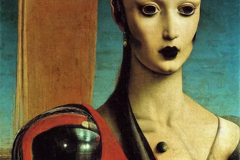 Prompt: close up portrait of a punk goth alien martian girl in a fluorescent cyberpunk futuristic city, oil painting by canaletto hieronymus bosh leonardo da vinci piero della francesca botticelli