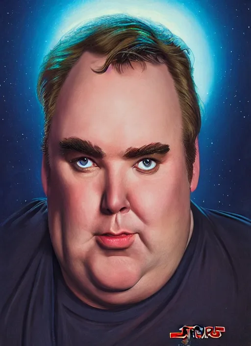 Image similar to hyper realistic, zoomed out portrait of john candy in star wars as leia, stoned, by greg rutkowski, scott m fischer, artgerm, loish, slight glow, atmospheric, anne stokes, alexandros pyromallis