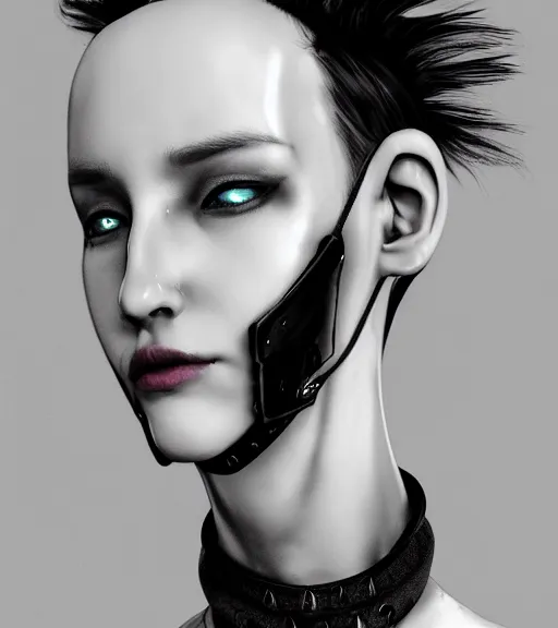 Image similar to detailed realistic female character cyberpunk wearing thick collar around neck, realistic, art, beautiful, 4K, collar, choker, collar around neck, punk, artstation, detailed, female, woman, choker, cyberpunk, neon, punk, collar, choker, collar around neck, thick collar, tight around neck, punk,