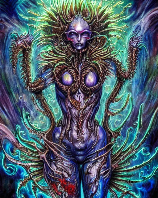 Image similar to silver mechanical charred bloody fleshmetal cyborg daemonhost woman psychedelic flamer of tzeentch with extra arms, blue and green rainbow fire, by antonio j. manzanedo, alex grey, android jones, wayne barlowe, philippe druillet, josephine wall, harumi hironaka, cronenburg, trending on artstation