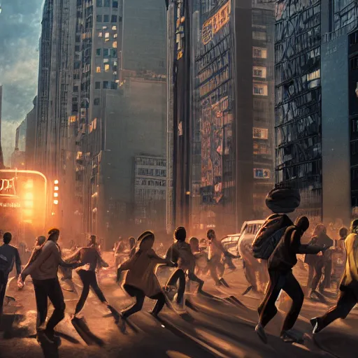 Prompt: bunch of people running away from a bitcoin giant in the city, hyper detailed, trending on artstation, featured on pixiv, cinematic composition hdr, 8 k, beautiful lighting, sharp details
