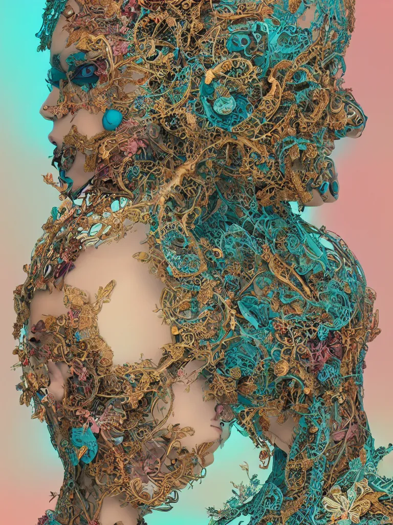 Prompt: cinema 4d colorful render, organic, ultra detailed, of one beautiful dark porcelain old woman face, translucid. biomechanical cyborg, analog, 35mm lens, beautiful natural soft rim light, big leaves, winged insects and stems, roots, fine foliage lace, turquoise gold details, Alexander Mcqueen high fashion haute couture, art nouveau fashion embroidered, intricate details, mesh wire, mandelbrot fractal, anatomical, facial muscles, cable wires, elegant, hyper realistic, in front of dark flower pattern wallpaper, ultra detailed, 8k post-production