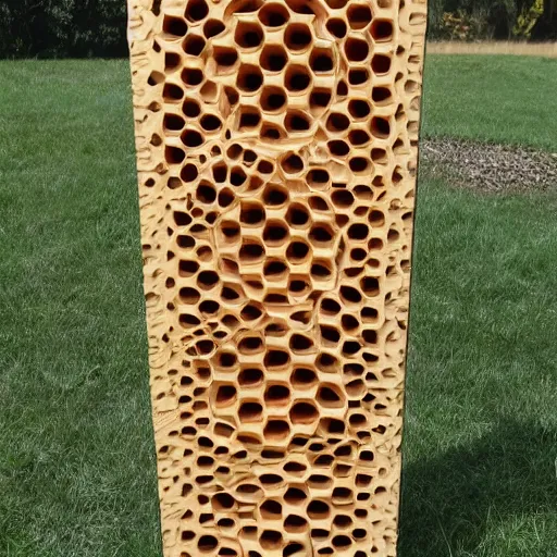 Image similar to physical honeycomb pattern wooden sculpture 10 feet tall golden inset ornate detail free standing installation