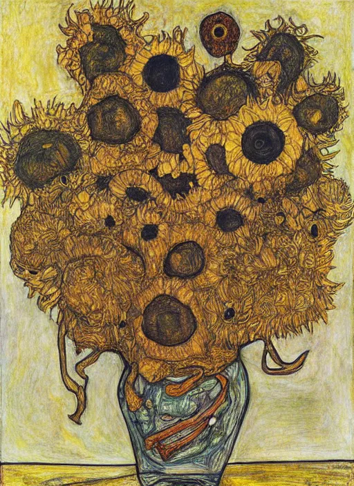 Image similar to an intricate drawing from observation of intertwined sunflowers, some sunflowers dead, some are blooming or crumbling, by Egon Schiele and Piet Mondrian, colors of Mark Rothko