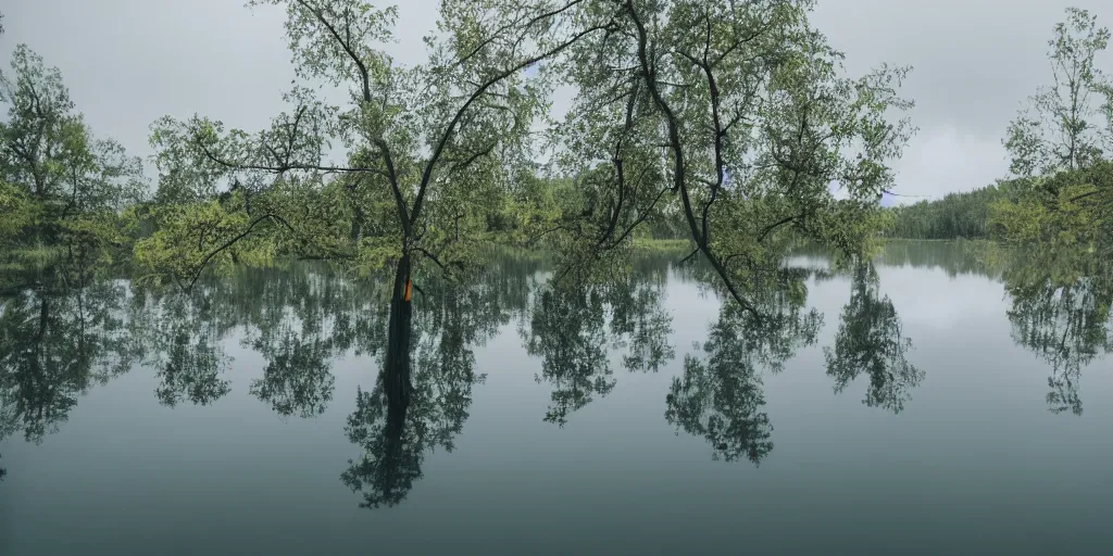 Image similar to centered photograph of a long rope zig zagging across the surface of the water, floating submerged rope stretching out towards the center of the lake, a dark lake on a cloudy day, color film, trees in the background, hyperedetailed photo, anamorphic lens