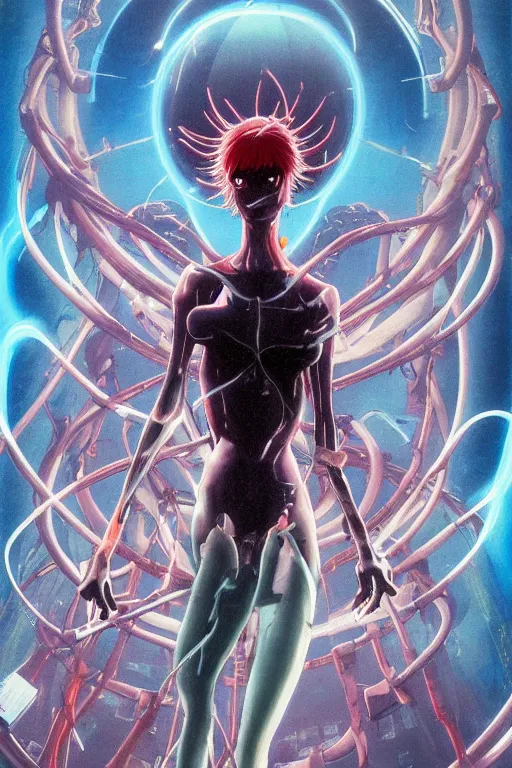 Prompt: Female Anime Character rei ayanami cyborg in the center giygas epcotinside a space station eye of providence Beksinski Finnian vivid HR Giger to eye hellscape mind character Environmental