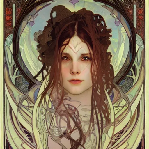 Prompt: realistic detailed face portrait of Lilith by Alphonse Mucha, Beeple, greg rutkowski, wlop, Jeffery Smith, Art Nouveau, Neo-Gothic, gothic, rich deep colors