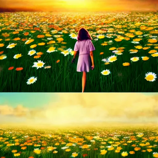 Image similar to many daisy flowers as a head, full body, girl walking in a flower field, surreal photography, sunrise dramatic light, impressionist painting, colorful clouds, digital painting, artstation, simon stalenhag, flower face