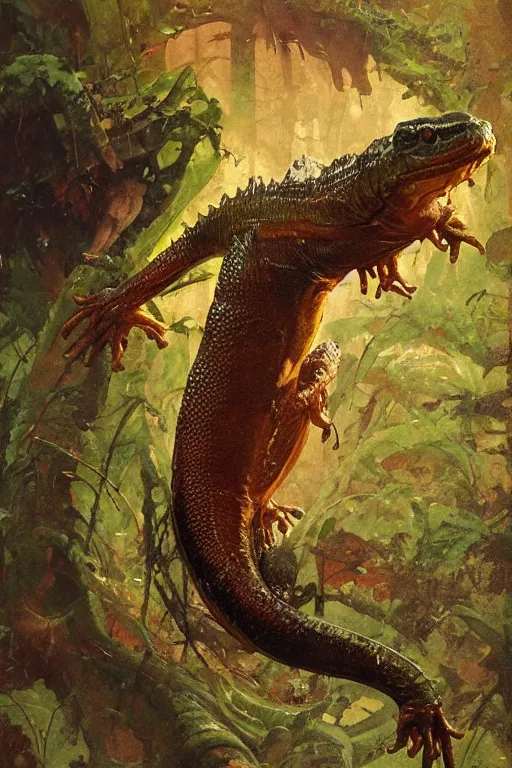 Image similar to full body portrait of huge slimy bipedal salamander, by norman rockwell, jack kirby, jon berkey, earle bergey, craig mullins, ruan jia, jeremy mann, tom lovell, marvel, astounding stories, 5 0 s pulp illustration, scifi, fantasy, artstation creature concept