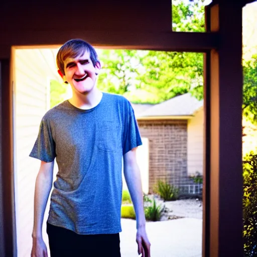 Image similar to bo burnham outside of his house, smiling and dancing