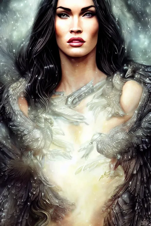 Image similar to majestic and regal portrait of megan fox female white raven, dc universe, perfect face, beautiful, intricate, epic, elegant, fantasy, highly detailed, digital painting, hard focus, beautiful volumetric lighting, epic light, ultra detailed, by leesha hannigan, ross tran, thierry doizon, kai carpenter, ignacio fernandez rios