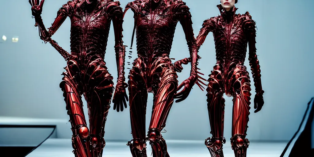 Image similar to walking down the catwalk, stage, vogue photo, podium, fashion show photo, iris van herpen baroque dress, beautiful woman, perfect body, full body shot, helmet on face, inflateble shapes, masterpiece, guyver, biomechanical details, denis villeneuve, movie still, fauvism, cinestill, bokeh, artstation