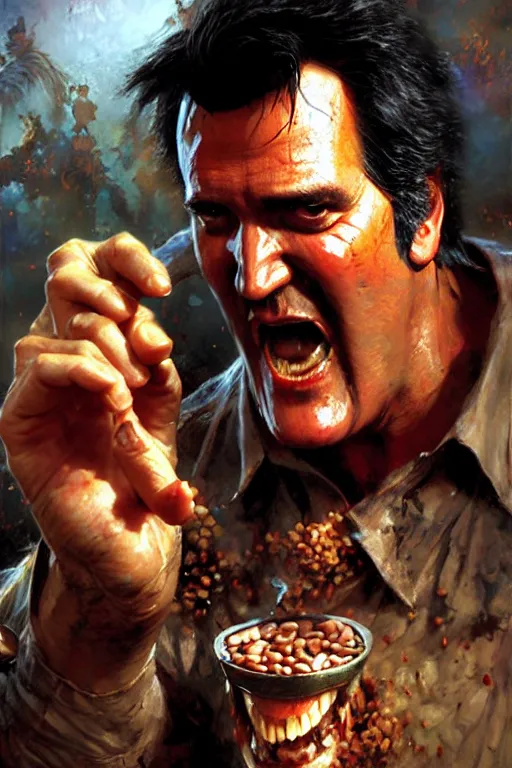 Image similar to bruce campbell screaming and eating beans, extreme close up, insane face, high detail, portrait dnd, painting by gaston bussiere, craig mullins, greg rutkowski, yoji shinkawa