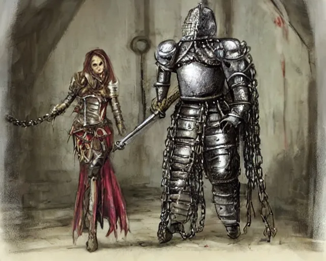 Prompt: [ 1 6 k realism ] a mettallic knight covered in chains in a dirty filthy basement, the knight is being tortured by a skinny princess made of teeth