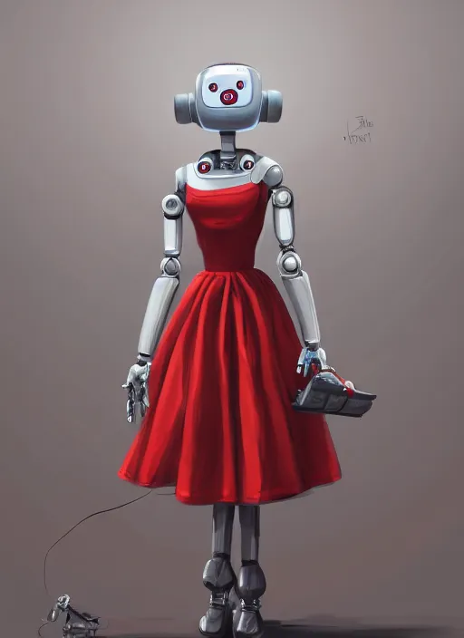 Image similar to a robot wearing a maid dress, red dress, full body shot, highly detailed, digital painting, artstation, concept art, smooth, sharp focus, illustration