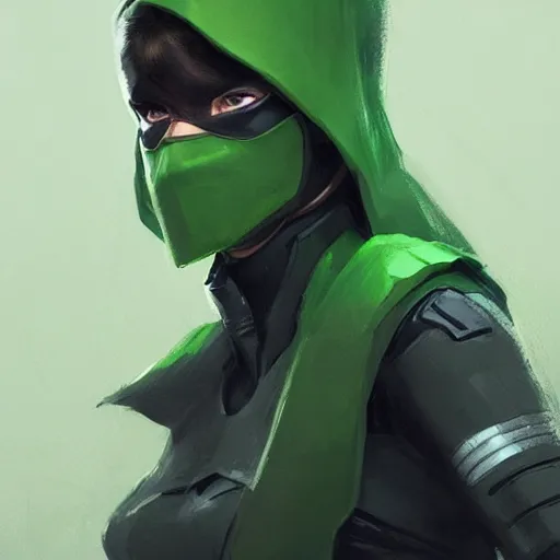 Image similar to portrait of a female superhero by greg rutkowski, she looks like thomasin mackenzie, she is wearing a black and green kevlar gear with a cape, highly detailed portrait, digital painting, artstation, concept art, smooth, sharp foccus ilustration, artstation hq