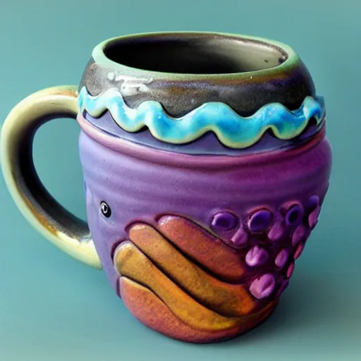 Prompt: a ceramic mermaid sculpture mug, creative, beautiful, award winning design, functional, colorful