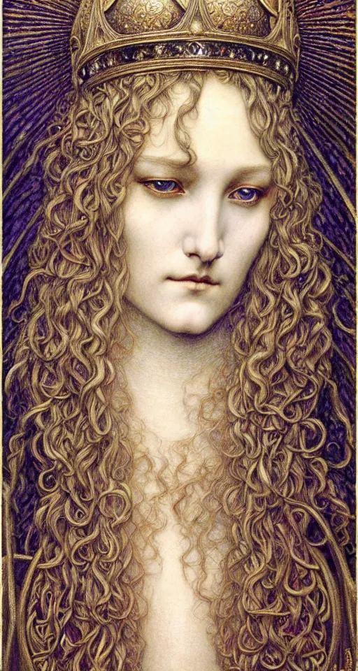 Image similar to detailed realistic beautiful young medieval queen face portrait by jean delville, gustave dore and marco mazzoni, art nouveau, symbolist, visionary, gothic, pre - raphaelite. horizontal symmetry