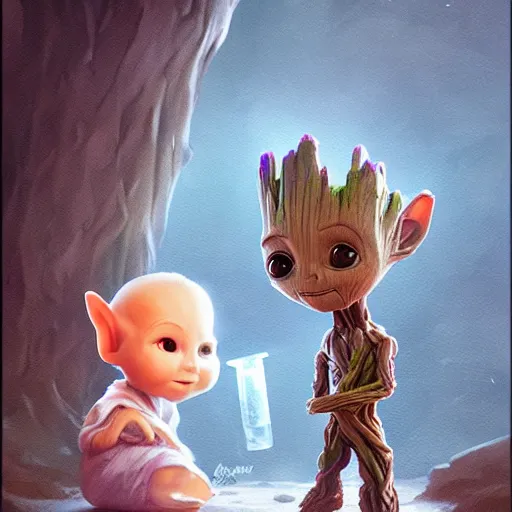 Image similar to Cute Elven baby Groot and Yoda by Greg Rutkowski and Pixar, asymmetrical, Organic Painting , Matte Painting, geometric shapes, hard edges, street art, trending on the artstation, realistic, high quality:2 by Sachin Teng:4