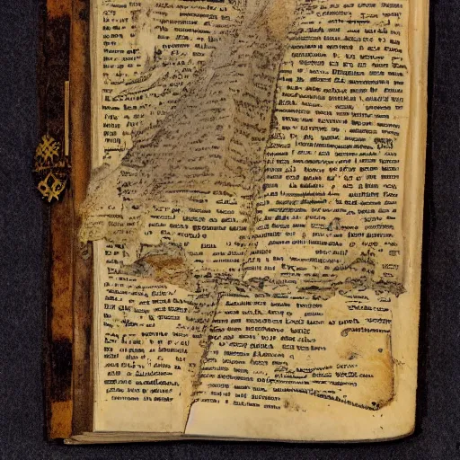 Prompt: pages from the grail diary, antique worn book, clues, ink, torn, intricate pen work,