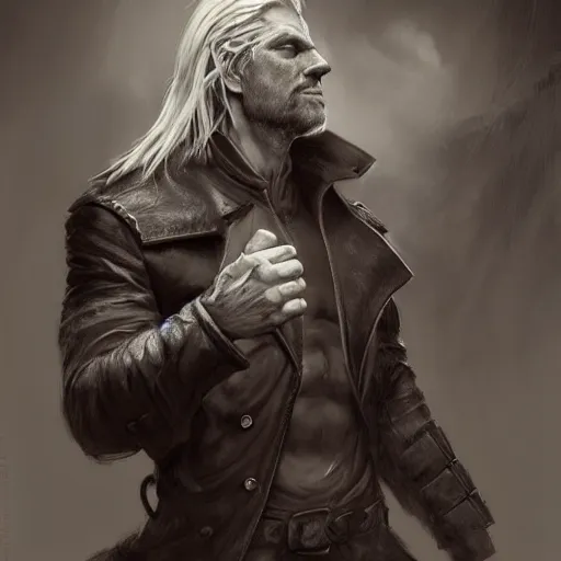 Image similar to portrait of a muscular, grim, ponytail haired blonde man in his late 30's, wearing a thick brown leather coat, looking to his side, hunter, DnD character, fantasy character, dramatic lighting, high detail, black and white digital art by Ruan Jia, Krenz Cushart, Rossdraws and Boris Vallejo