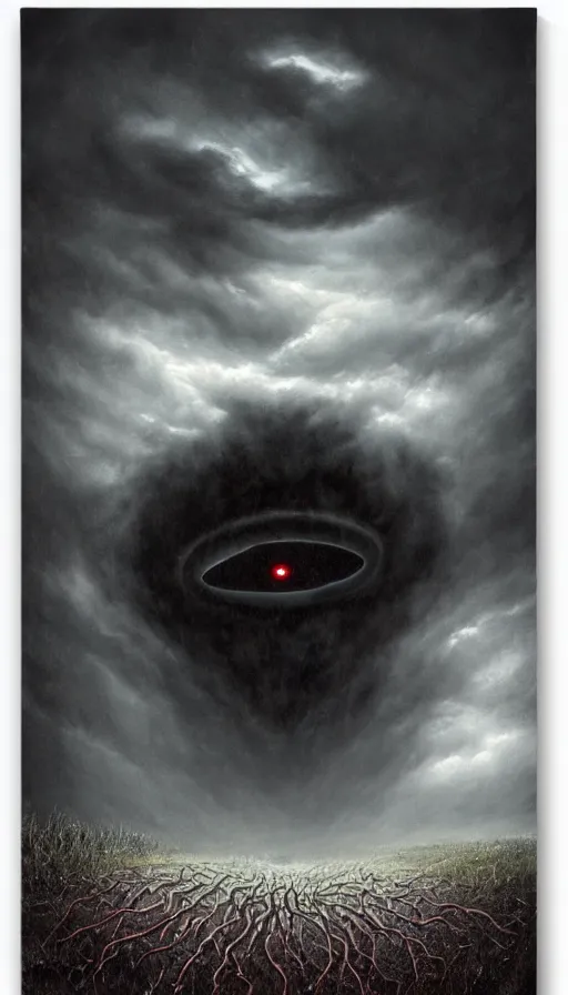 Prompt: a storm vortex made of many demonic eyes and teeth, by lee madgwick
