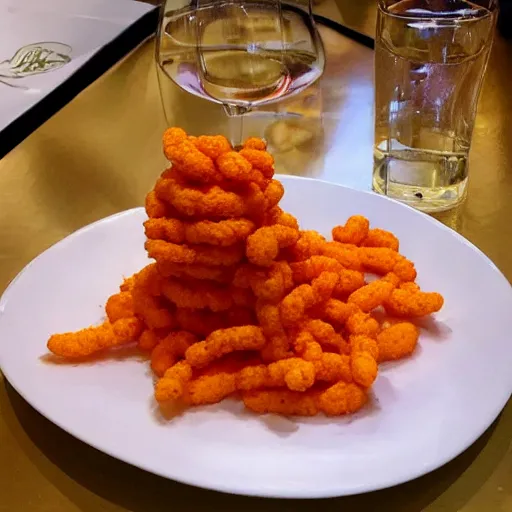 Image similar to elegantly plated meal of cheetos, fried capybara, frog eggs, and pencil erasers, Michelin starred restaurant, Instagram food picture
