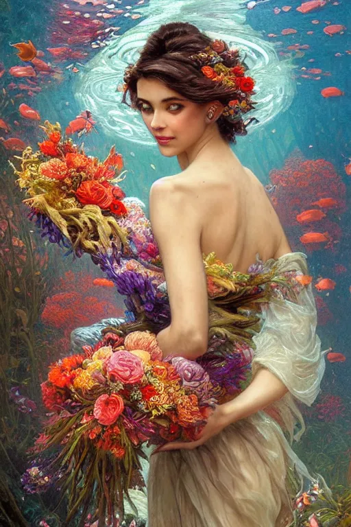 Image similar to portrait of a beautiful mysterious woman holding a bouquet of flowing flowers, hands hidden under the bouquet, submerged underwater filled with colorful small fish and coral reef, fantasy, regal, intricate, by stanley artgerm lau, greg rutkowski, thomas kindkade, alphonse mucha, loish, norman rockwell