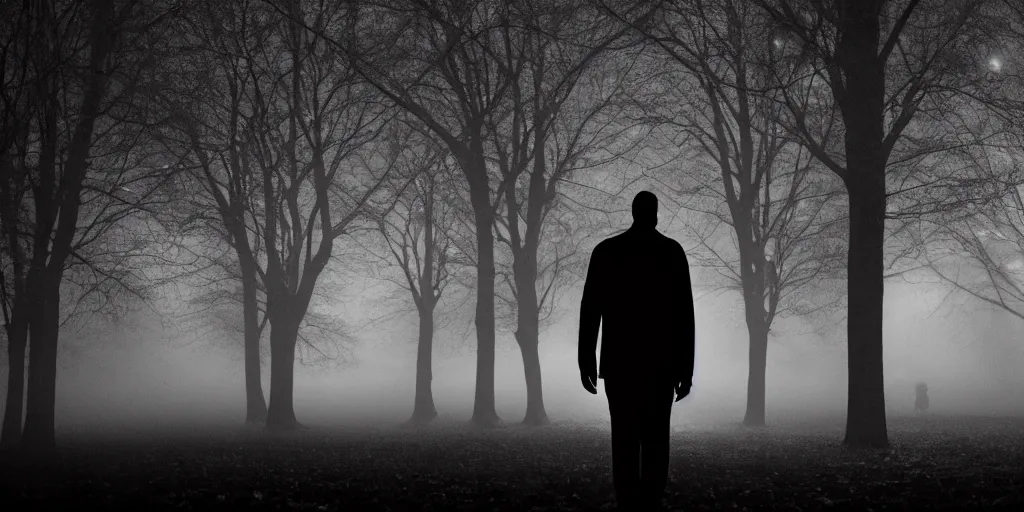 Prompt: faceless man in black in a dark park at night, fog, creepy lighting