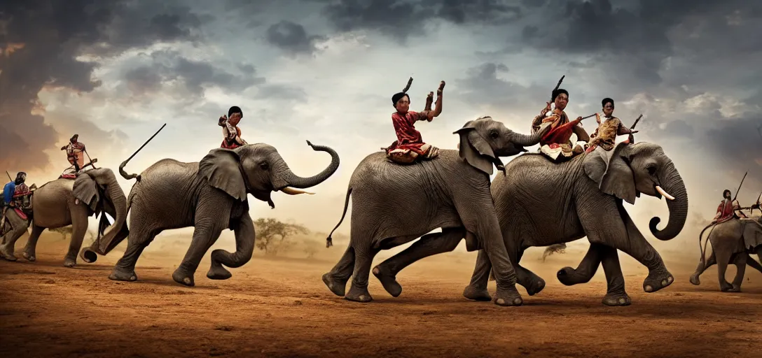 Prompt: the elephant duel of king naresuan of ayutthaya versus crown prince mingyi swa of burma in burmese - siamese war, warlords ride on the armor elephants, high resolution, highly detailed, 8 k, cinematic lighting, global illumination, elegant, ornate, super detail, a colorized photo, colorized, # film, movie still