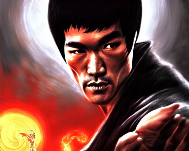 Image similar to a gaming screenshot still portrait of bruce lee in mortal kombat, deep focus, d & d, fantasy, intricate, elegant, highly detailed, digital painting, artstation, concept art, matte, sharp focus, illustration, dark fantasy style art, hearthstone, art by artgerm and greg rutkowski and alphonse mucha