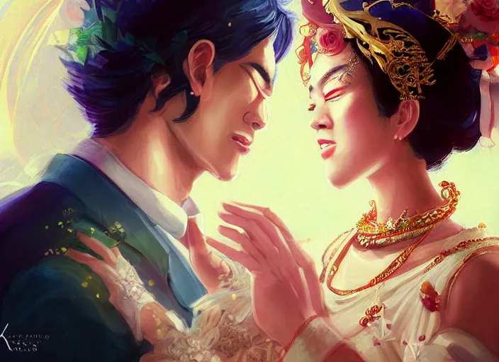 Image similar to a cinematic portrait of wedding photograph jpeg close up moment of a divine a japan sun god and moon goddess lovers magician at a wedding banquet. portraiture. digital painting. artstation. concept art. wedding photo. digital painting. iolet evergarden art masterpiece by art by krenz cushart