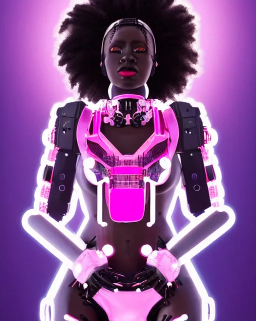 Image similar to portrait of a beautiful black woman with pink hair as a cyberpunk cyborg half robot, revealing wires and electronics, hooked - up, sci - fi, missing panels, intricate abstract upper body intricate artwork, concept art, octane render, deviantart, cinematic, key art, hyperrealism, iridescent accents, portrait photograph, nikon 3 5 mm, photograph by greg rutkowski