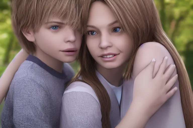 Prompt: blond boy hugging a brunette girl with straight hair, in a park, Polaroid, Closeup, Closeup-View, Octane render, Unreal Engine