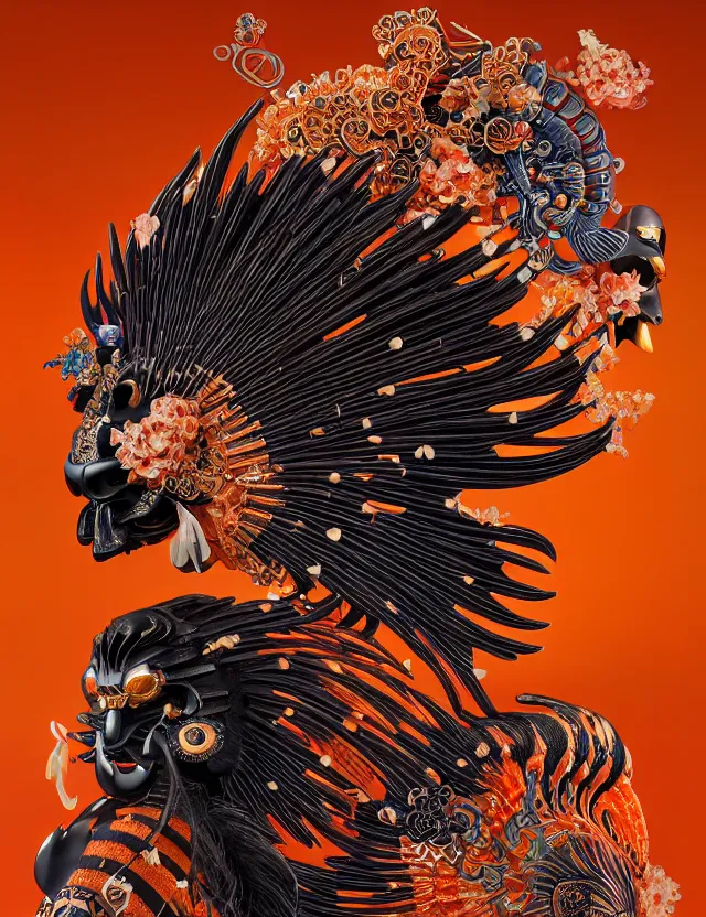 Image similar to 3 d goddess close - up profile portrait biomechanics with ram skull. beautiful intricately detailed japanese crow kitsune mask and clasical japanese kimono. betta fish, jellyfish phoenix, bio luminescent, plasma, ice, water, wind, creature, artwork by tooth wu and wlop and beeple and greg rutkowski. gold black teal and orange color scheme