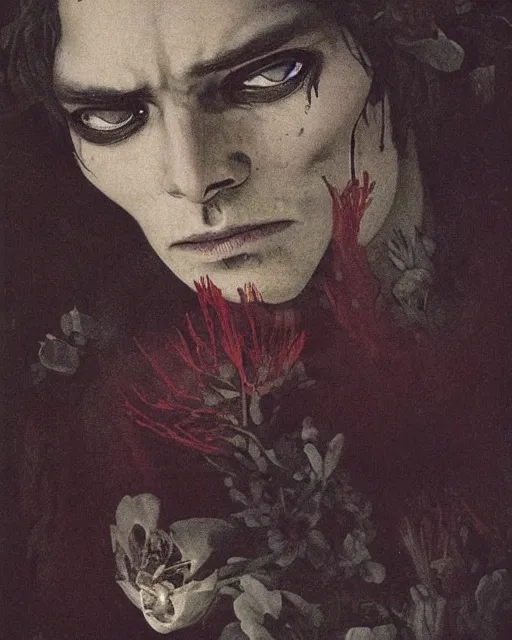 Image similar to a handsome but sinister and creepy man in layers of fear, with haunted eyes, violence in his eyes, 1 9 7 0 s, seventies, delicate embellishments, a little blood, woodland, moonlight shining on wildflowers, painterly, offset printing technique, by alexandre cabanel