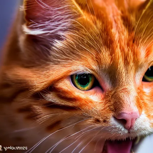 Prompt: a orange colour cat smiling , dlss, HDR, natural lighting , eye level shot, EOS R5, f/2.8, dynamic pose, , award winning photograph, 8k,