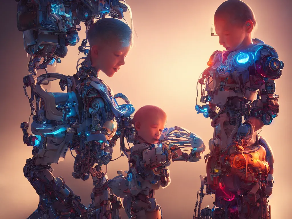 Image similar to A beautiful cyborg baby sitter, collecting books with multiple arms, hyperealistic colourful hdr , beautiful volumetric lighting, epic light, artstation, magic hour lighting, cgi render photorealistic cinematic octane render