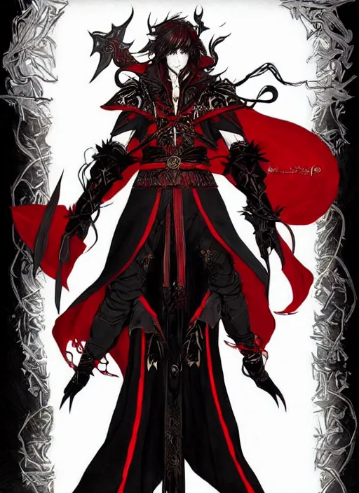 Image similar to Full body portrait of a handsome mature elf fire mage with long black hair wearing ornate scarlet robe. In style of Yoji Shinkawa and Hyung-tae Kim, trending on ArtStation, dark fantasy, great composition, concept art, highly detailed, dynamic pose.