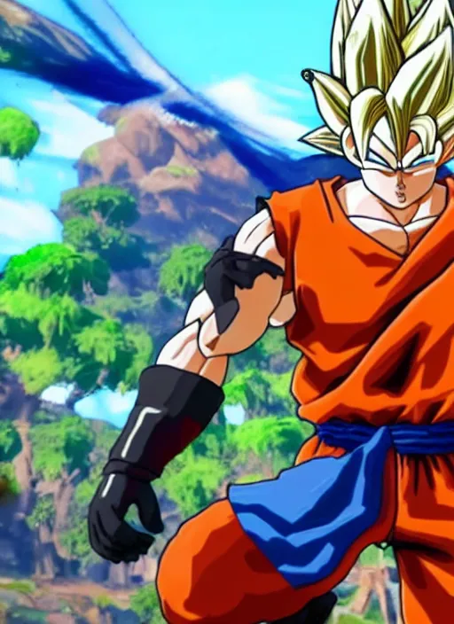 Image similar to game still of a sayan goku as a fortnite skin in fortnite by fortnite, pose.