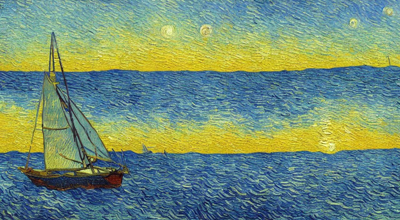 Prompt: detailed oil painting of sailing boat, sailing towards the rising sun, calm ocean, sunset lighting, clear blue sky, impressionist painting by vincent van gogh illustration, digital art, concept art