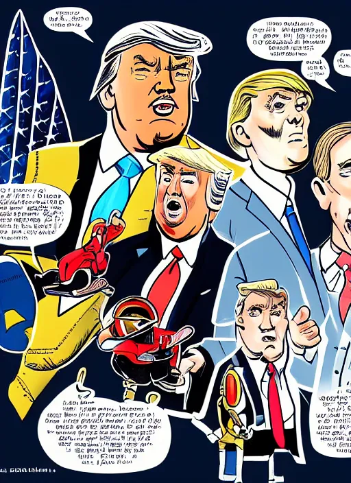 Image similar to a full page panel drawn by bill watterspn depicting trump and spaceman spiff