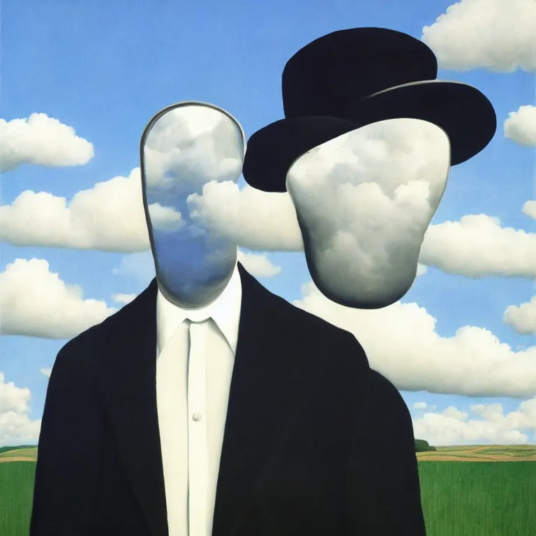 Image similar to portrait of a faceless reflective chrome - head man in a suit and black gloves, clouds and nature landscape in the background, by rene magritte, detailed painting, distance, centered, hd, hq, high resolution, high detail, 4 k, 8 k