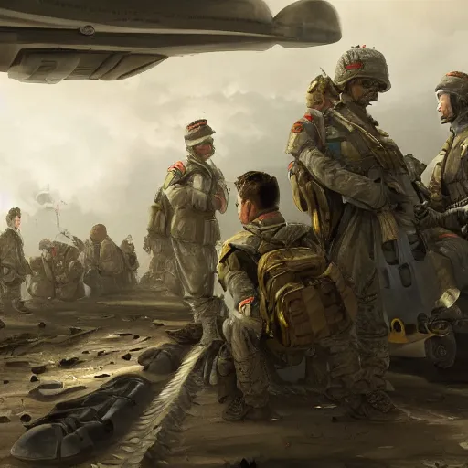 Prompt: soldiers sitting inside a plane on their way to the battlefield, an emotionless look on their faces, digital painting, highly detailed, illustration, intricate, in the style of grek rutkowski