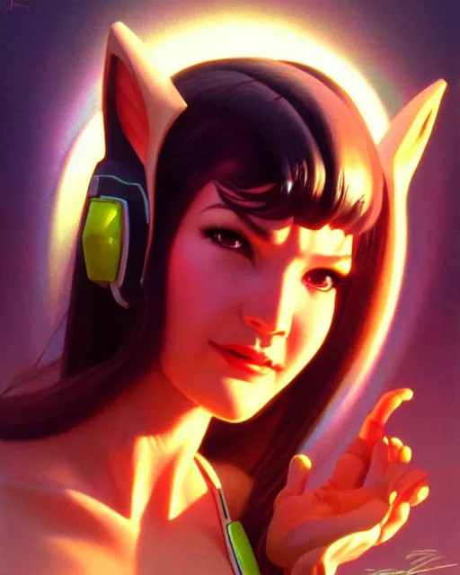 Image similar to d. va from overwatch, character portrait, portrait, close up, vintage fantasy art, vintage sci - fi art, radiant light, caustics, by boris vallejo