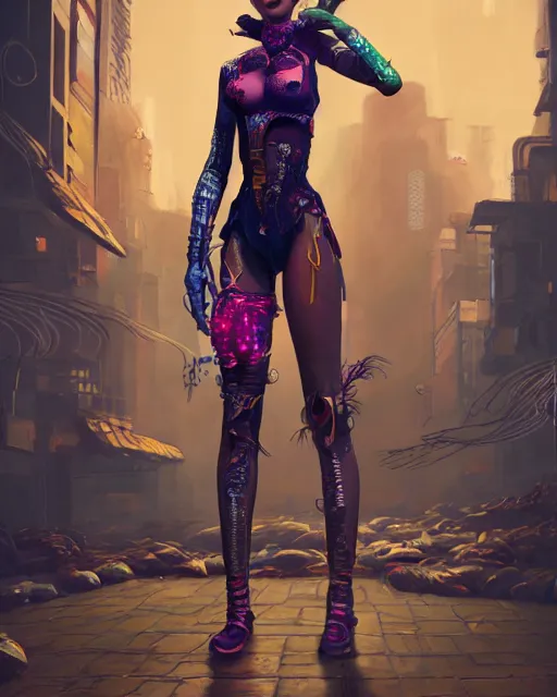 Image similar to An epic fantasy comic book style full body portrait painting of a very beautiful cyberpunk Hula Dancer, character design by Mark Ryden and Pixar and Hayao Miyazaki, unreal 5, DAZ, hyperrealistic, octane render, cosplay, RPG portrait, dynamic lighting, intricate detail, cinematic